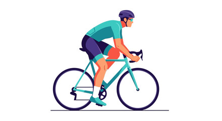 A cyclist in helmet and sunglasses riding a turquoise bike