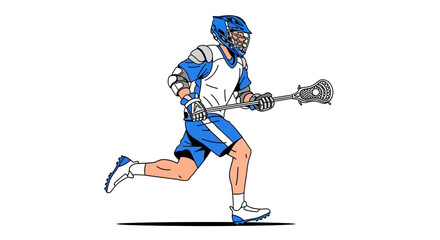 Obraz premium A cartoonstyle lacrosse player in blue uniform sprints while holding a lacrosse stick