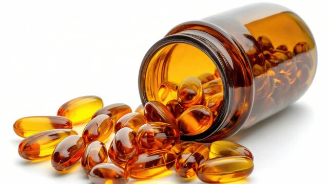 Video A bottle filled with fish oil next to a pile of capsules for supplements, great for health and wellness