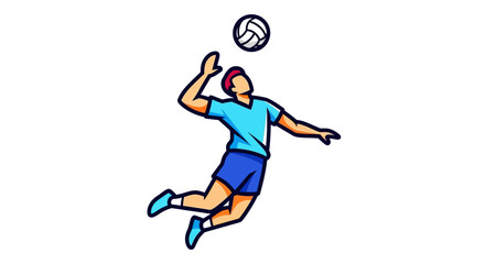 A volleyball player in midair leaps to strike the ball colored in blue and tan