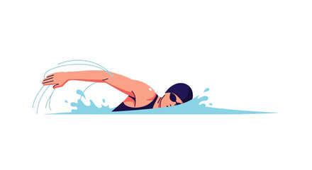 A swimmer with cap goggles arm out strokes in water