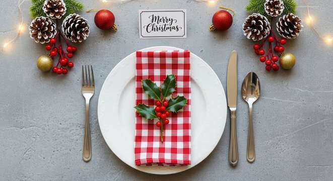 Christmas table setting with festive decorations and a place card