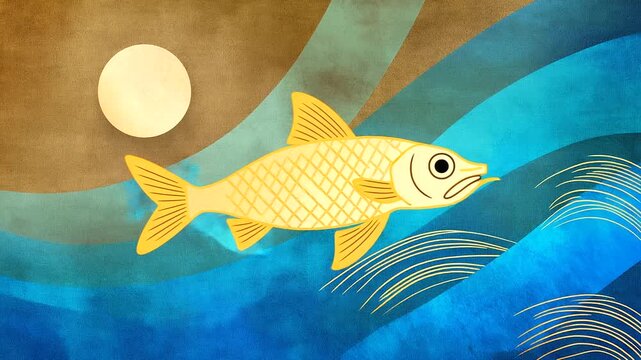 Woodblock print style illustration of fish waves and moon, traditional Japanese aesthetic, textured paper look, with copy space