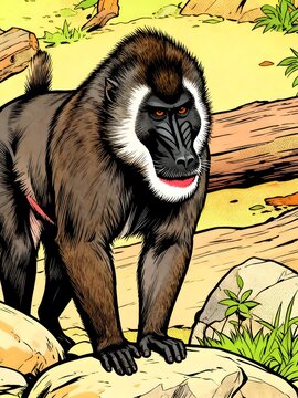 drill monkey mandrillus leucophaeus resting nature habitat area illustration