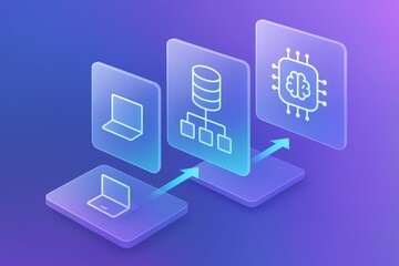 Innovative digital data flow with abstract representations of laptop, database, and neural network technology advancing modern computing solutions and efficiency