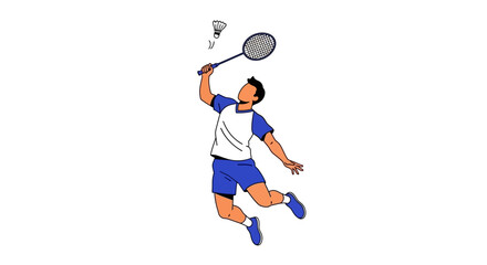 Leaping badminton player hitting a shuttlecock with racket