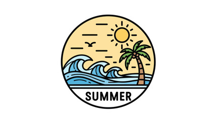 A stylized circular illustration depicting a sunny beach scene with waves, a palm tree, and the word "SUMMER".