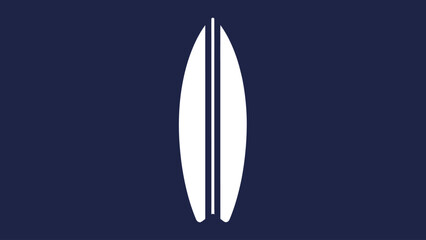 A minimalist graphic illustration of a white surfboard on a dark blue background.