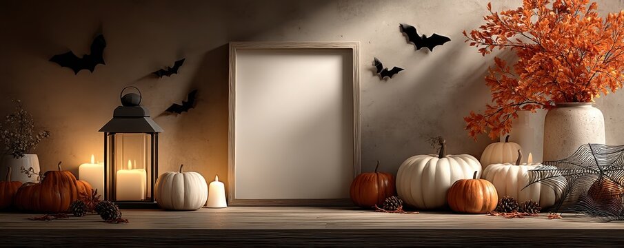 Blank picture frame with autumn pumpkins, candles, bats, and rustic decor on a wooden table - Powered by Adobe