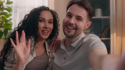 Happy multiethnic family talking webcam video call Caucasian male man Hispanic Arabian female woman smile home virtual chat couple greeting goodbye online communication waving smartphone camera view - Powered by Adobe