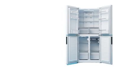 Modern white two-door refrigerator with both doors wide open, showcasing pristine empty interior and transparent drawers, against a vibrant light blue background with copy space, new appliance