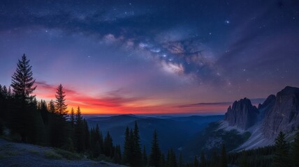 Fototapeta premium Majestic milky way galaxy over dramatic alpine mountains at twilight.