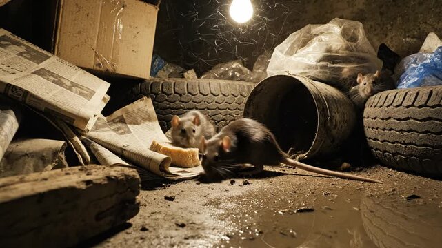 Rats scavenge food amidst trash, tires and newspapers in dirty basement under dim light. Scene depicts urban decay and pest infestation, ideal for hygiene or extermination concepts.
