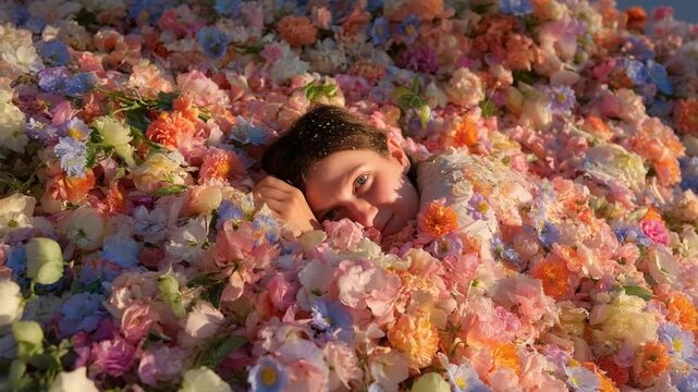 Serene floral haven: A person finding solace amidst a sea of vibrant blossoms. Embracing the peace and joy of nature.
