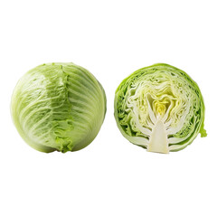 Two fresh iceberg lettuces, one whole, one cut in half showing crisp interior, on a minimalist reflective transparent studio background, top-down view. Concept for healthy food advertising