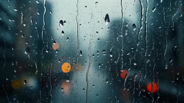 Raindrops dripping down a wet window during a rainstorm
