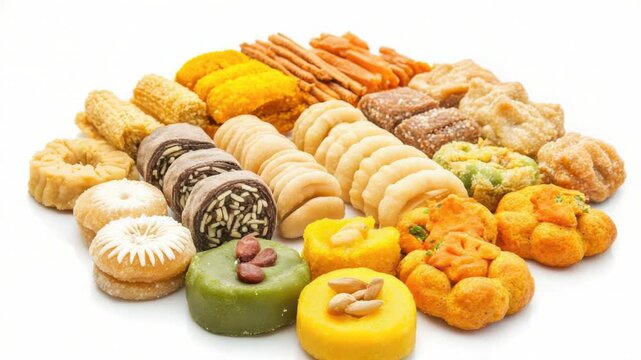 Video Freshly baked pastries arranged on a clean white surface, ideal for food and bakery use