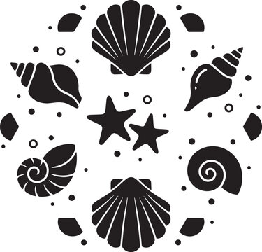 Black and white hexagonal pattern of seashells and starfish
