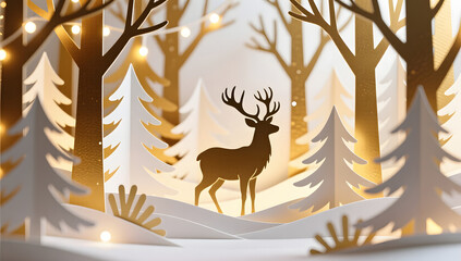 A festive winter forest with layered papercut deer silhouettes