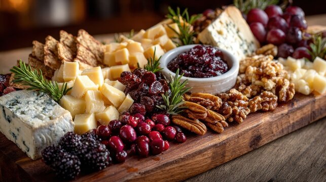 Gourmet cheese and charcuterie board with fruits and nuts