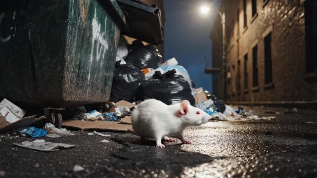 A white rat scavenges near overflowing dumpsters and black trash bags in a wet foggy alleyway at night. This gritty urban scene depicts pollution and pests in city streets.