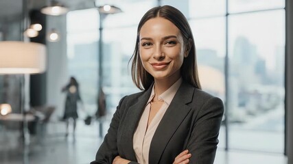 Confident businesswoman in modern office, ready to lead and inspire teamwork for business success, showcasing professional growth and ambition