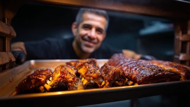 Smoked Ribs and Happy Chef: A chef peers through the warm haze of the oven, revealing a tray of perfectly smoked ribs, their succulent surface glistening with rich flavor.