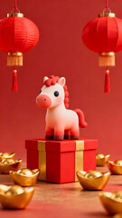 Naklejka premium A festive pony mascot standing on a gift base for New Year