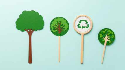 Set of green paper trees and recycling symbol on a light blue background, representing environmental conservation and sustainability efforts.