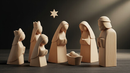 Wooden nativity scene figures depicting mary, joseph, baby jesus in manger, and the three wise men under a star, close up