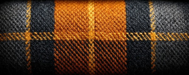 Orange and black plaid fabric pattern with yellow accents, a closeup texture that evokes warm, cozy rustic style