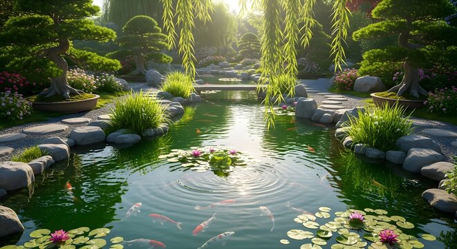 Tranquil Japanese Garden and Koi Fish Pond with Sunlight and Lily Pads - Powered by Adobe