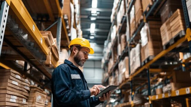 Warehouse Operations: A focused worker, donned in a safety helmet, conducts inventory in a bustling warehouse, surrounded by rows of meticulously organized goods.