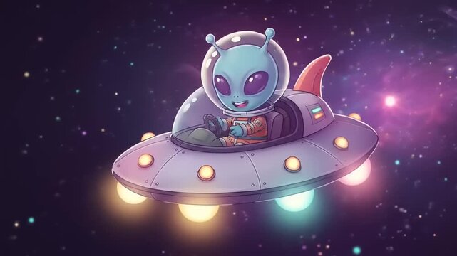 Adorable alien astronaut joyriding in spaceship through colorful galaxy exploration animation