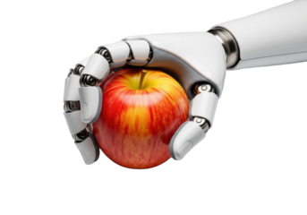 Sleek white robotic hand with textured grey pads delicately holding a vibrant red and yellow apple with a green stem in a bright studio against a transparent background, concept of technology and