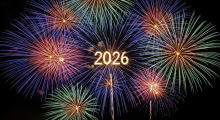 Close-up of a sparkling firework display (blurred, colorful bursts) filling a dark night sky. The numbers '2026' are faintly visible, integrated into the burst of light. Usage Grand celebration, excit