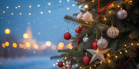 Decorated Christmas Tree with Bokeh Lights in Snowfall