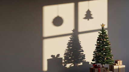 Festive christmas tree adorned with ornaments and star on top, casting shadows on wall with warm sunlight creating cozy holiday atmosphere.