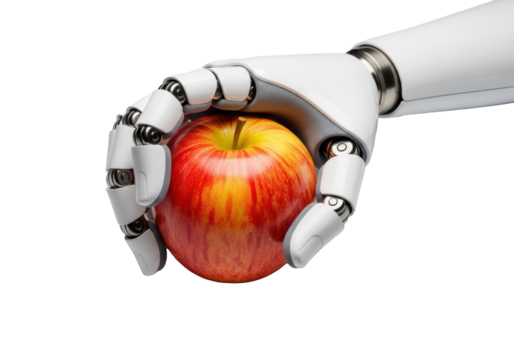 Sleek white robotic hand with textured grey pads delicately holding a vibrant red and yellow apple with a green stem in a bright studio against a transparent background, concept of technology and