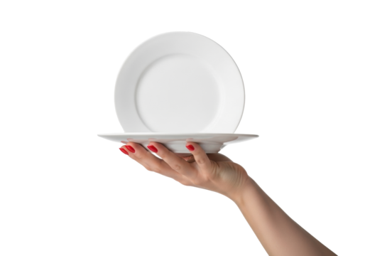 Adult female hand with bright red fingernails gracefully holds a clean, empty white ceramic plate against a bright white background with copy space, pristine presentation and service concept