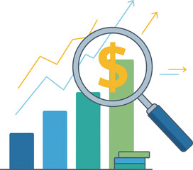 Visualize investments profit growth through data analytics and magnified dollar sign for financial gains