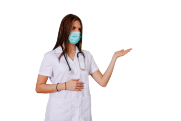 Female doctor or nurse, wearing medical mask and uniform, presenting concept with open hand gesture, health care