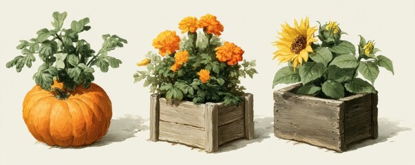 Watercolor autumn clipart of pumpkin and flowers in wooden planters for rustic decor