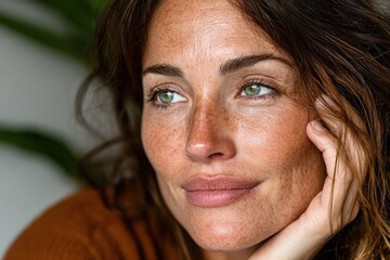 Close-up portrait of a freckled woman with green eyes and thoughtful expression
