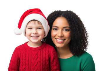 Mother and child wearing santa hat and christmas sweater, isolated on transparent background