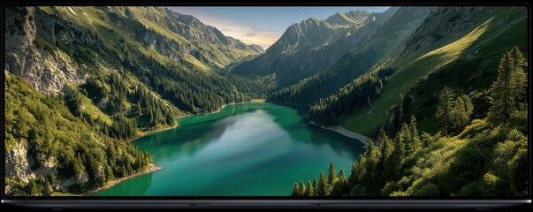 Alpine lake in a mountain valley with lush pine forests and emerald waters