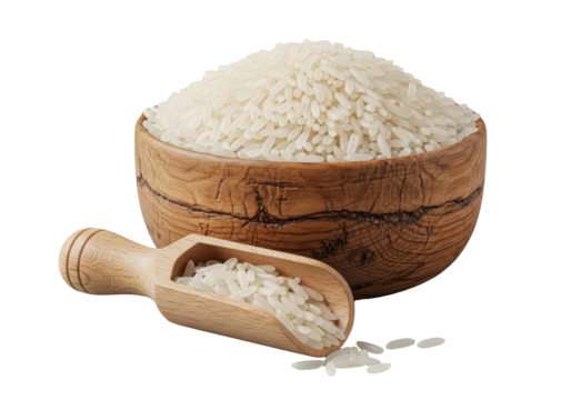Pearly white uncooked long-grain rice overflowing from a rustic wooden bowl with a scoop, on a transparent background, macro lens, product photography concept for food industry
