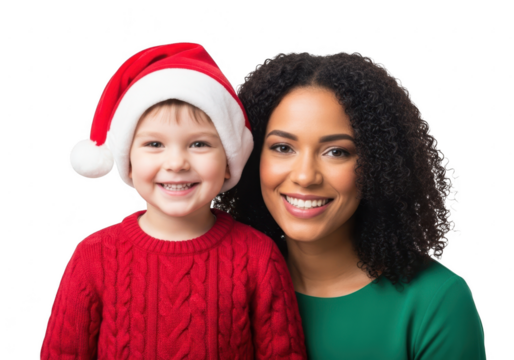 Mother and child wearing santa hat and christmas sweater, isolated on transparent background