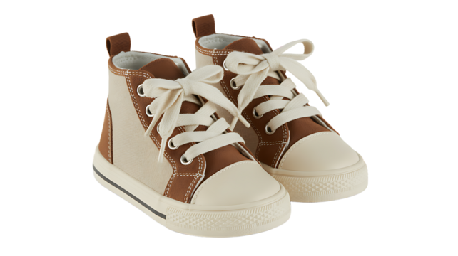 Pair of knitted baby high top sneakers isolated on transparent background