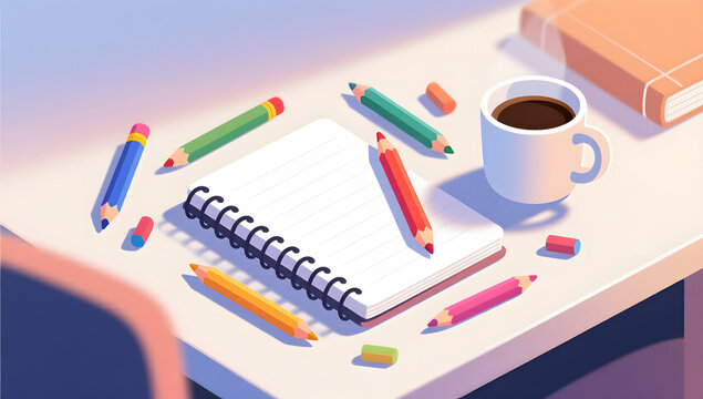 Desk with notebook, pencils and coffee study scene